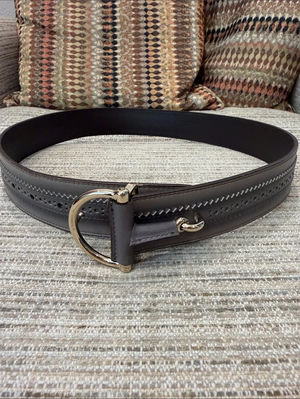 Gucci Womens’ Leather Dress Belt in Gray and Tan with Gold Buckle Sz 32